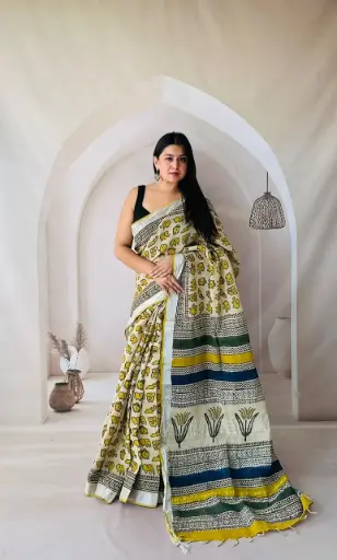 Hand Block Printed Pure Linen Saree with Cotton Blouse Piece | Elegant Ethnic Wear