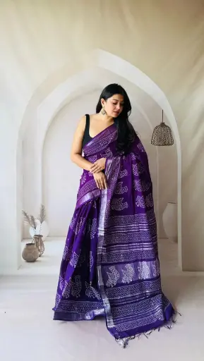 Hand Block Printed Pure Linen Saree with Cotton Blouse Piece | Elegant Ethnic Wear