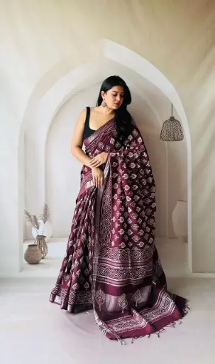Hand Block Printed Pure Linen Saree with Cotton Blouse Piece | Elegant Ethnic Wear
