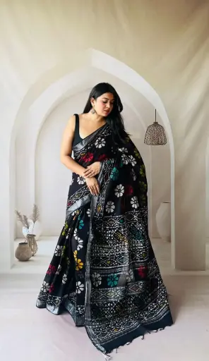 Hand Block Printed Pure Linen Saree with Cotton Blouse Piece | Elegant Ethnic Wear