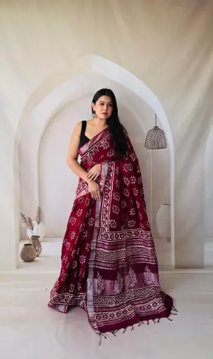 Hand Block Printed Pure Linen Saree with Cotton Blouse Piece | Elegant Ethnic Wear