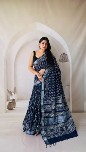 Hand Block Printed Pure Linen Saree with Cotton Blouse Piece | Elegant Ethnic Wear