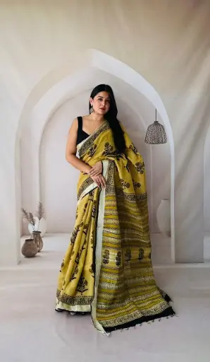 Hand Block Printed Pure Linen Saree with Cotton Blouse Piece | Elegant Ethnic Wear