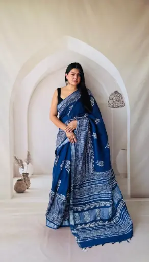 Hand Block Printed Pure Linen Saree with Cotton Blouse Piece | Elegant Ethnic Wear