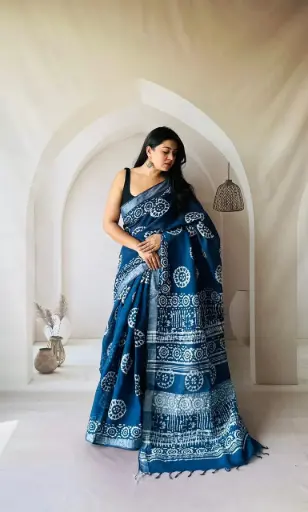 Hand Block Printed Pure Linen Saree with Cotton Blouse Piece | Elegant Ethnic Wear