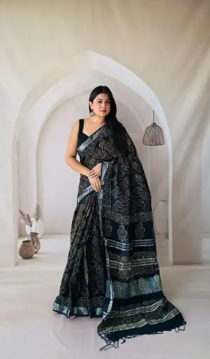 Hand Block Printed Pure Linen Saree with Cotton Blouse Piece | Elegant Ethnic Wear