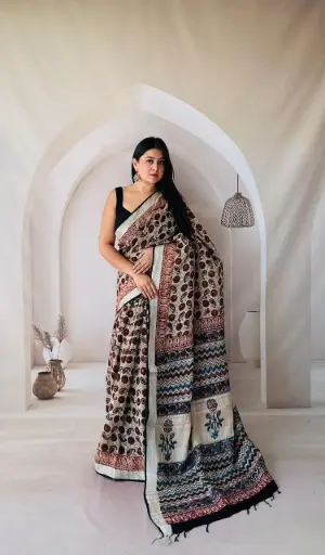 Hand Block Printed Pure Linen Saree with Cotton Blouse Piece | Elegant Ethnic Wear