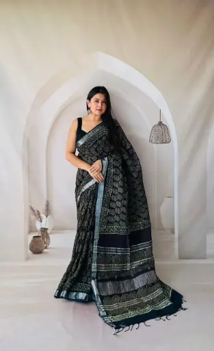 Hand Block Printed Pure Linen Saree with Cotton Blouse Piece | Elegant Ethnic Wear
