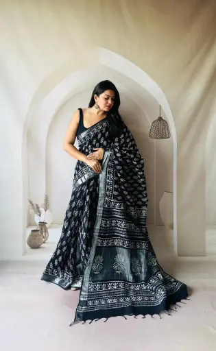 Hand Block Printed Pure Linen Saree with Cotton Blouse Piece | Elegant Ethnic Wear