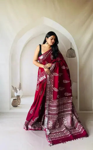 Hand Block Printed Pure Linen Saree with Cotton Blouse Piece | Elegant Ethnic Wear