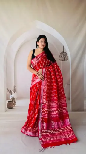 Hand Block Printed Pure Linen Saree with Cotton Blouse Piece | Elegant Ethnic Wear