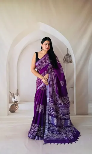 Hand Block Printed Pure Linen Saree with Cotton Blouse Piece | Elegant Ethnic Wear