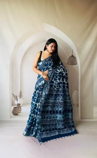 Hand Block Printed Pure Linen Saree with Cotton Blouse Piece | Elegant Ethnic Wear