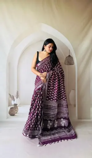 Hand Block Printed Pure Linen Saree with Cotton Blouse Piece | Elegant Ethnic Wear