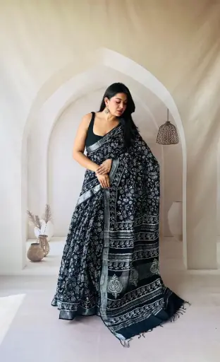 Hand Block Printed Pure Linen Saree with Cotton Blouse Piece | Elegant Ethnic Wear