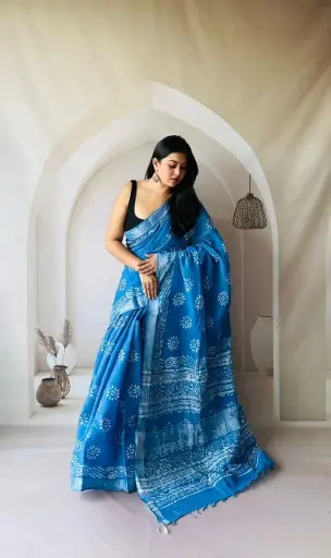 Hand Block Printed Pure Linen Saree with Cotton Blouse Piece | Elegant Ethnic Wear