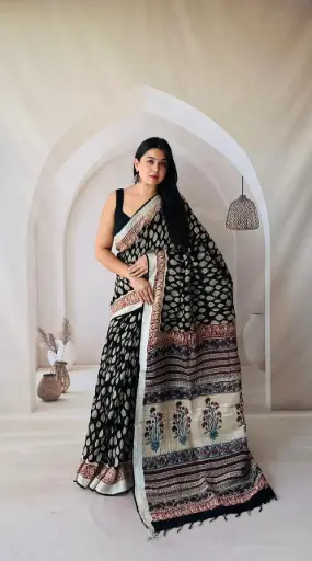 Hand Block Printed Pure Linen Saree with Cotton Blouse Piece | Elegant Ethnic Wear
