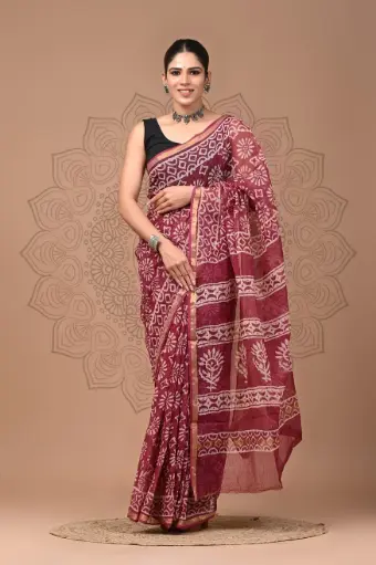Premium Handcrafted Kota Doriya Saree – Hand Block Printed (Dabu, Bagru, Jahota) with Blouse Piece