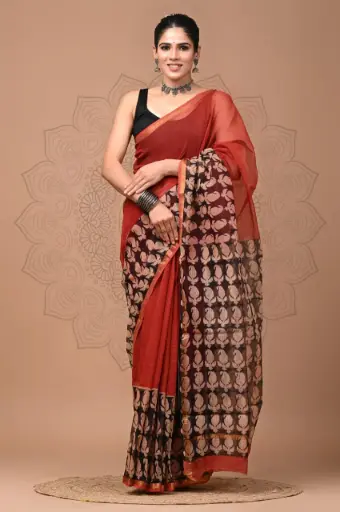 Premium Handcrafted Kota Doriya Saree – Hand Block Printed (Dabu, Bagru, Jahota) with Blouse Piece