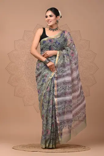 Premium Handcrafted Kota Doriya Saree – Hand Block Printed (Dabu, Bagru, Jahota) with Blouse Piece