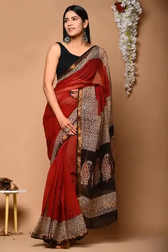 Premium Handcrafted Kota Doriya Saree – Hand Block Printed (Dabu, Bagru, Jahota) with Blouse Piece