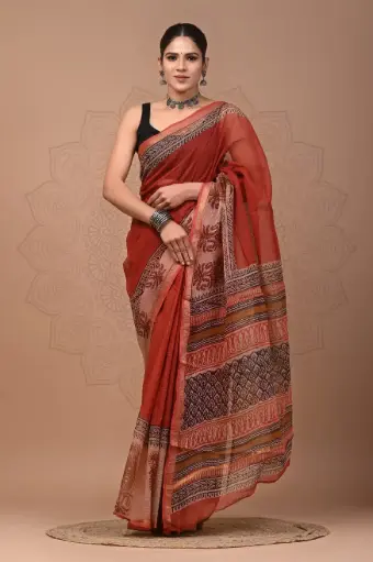 Premium Handcrafted Kota Doriya Saree – Hand Block Printed (Dabu, Bagru, Jahota) with Blouse Piece