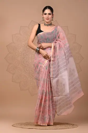 Premium Handcrafted Kota Doriya Saree – Hand Block Printed (Dabu, Bagru, Jahota) with Blouse Piece