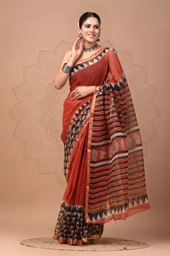 Premium Handcrafted Kota Doriya Saree – Hand Block Printed (Dabu, Bagru, Jahota) with Blouse Piece