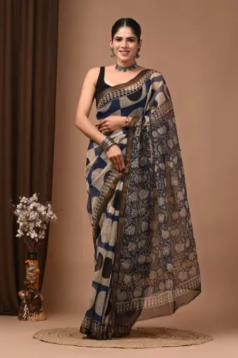 Premium Handcrafted Kota Doriya Saree – Hand Block Printed (Dabu, Bagru, Jahota) with Blouse Piece