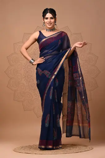 Premium Handcrafted Kota Doriya Saree – Hand Block Printed (Dabu, Bagru, Jahota) with Blouse Piece