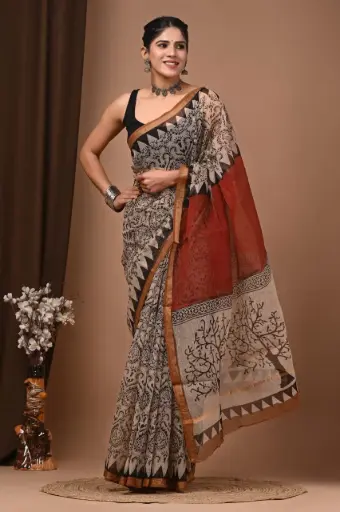 Premium Handcrafted Kota Doriya Saree – Hand Block Printed (Dabu, Bagru, Jahota) with Blouse Piece