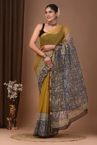 Premium Handcrafted Kota Doriya Saree – Hand Block Printed (Dabu, Bagru, Jahota) with Blouse Piece