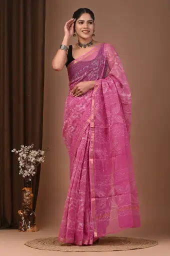 Premium Handcrafted Kota Doriya Saree – Hand Block Printed (Dabu, Bagru, Jahota) with Blouse Piece