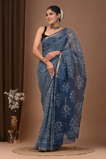 Premium Handcrafted Kota Doriya Saree – Hand Block Printed (Dabu, Bagru, Jahota) with Blouse Piece