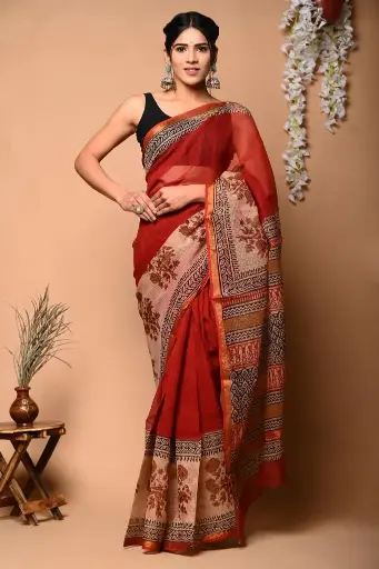 Premium Handcrafted Kota Doriya Saree – Hand Block Printed (Dabu, Bagru, Jahota) with Blouse Piece