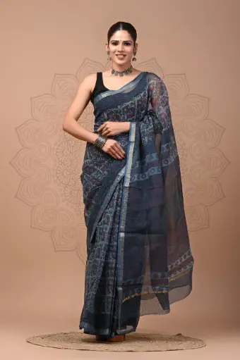 Premium Handcrafted Kota Doriya Saree – Hand Block Printed (Dabu, Bagru, Jahota) with Blouse Piece