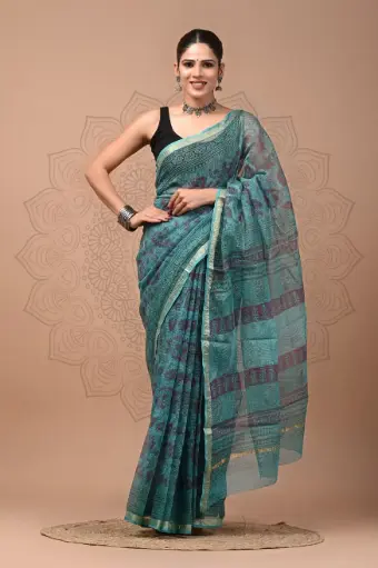 Premium Handcrafted Kota Doriya Saree – Hand Block Printed (Dabu, Bagru, Jahota) with Blouse Piece