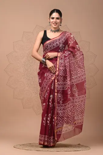 Premium Handcrafted Kota Doriya Saree – Hand Block Printed (Dabu, Bagru, Jahota) with Blouse Piece