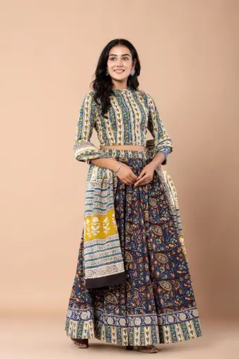 Bagru Printed Pure Cotton Lehenga Choli with Dupatta | Traditional Handblock Print | Sizes 38-46