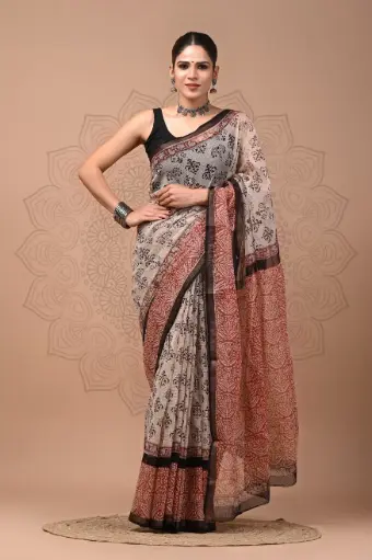 Premium Handcrafted Kota Doriya Saree – Hand Block Printed (Dabu, Bagru, Jahota) with Blouse Piece