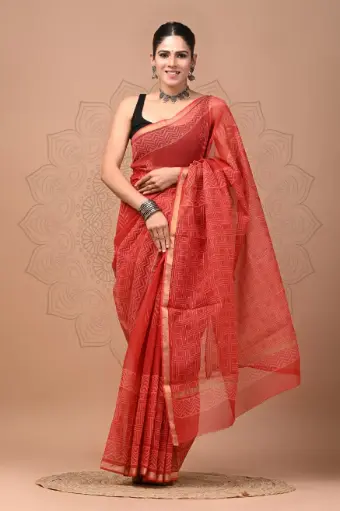 Premium Handcrafted Kota Doriya Saree – Hand Block Printed (Dabu, Bagru, Jahota) with Blouse Piece