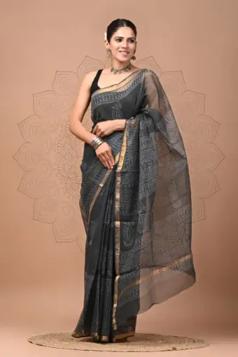 Premium Handcrafted Kota Doriya Saree – Hand Block Printed (Dabu, Bagru, Jahota) with Blouse Piece