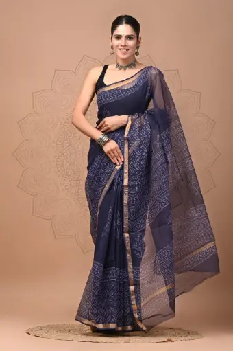 Premium Handcrafted Kota Doriya Saree – Hand Block Printed (Dabu, Bagru, Jahota) with Blouse Piece