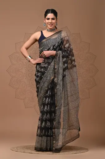 Premium Handcrafted Kota Doriya Saree – Hand Block Printed (Dabu, Bagru, Jahota) with Blouse Piece