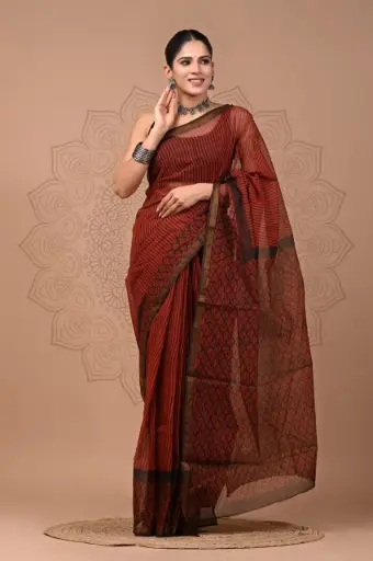 Premium Handcrafted Kota Doriya Saree – Hand Block Printed (Dabu, Bagru, Jahota) with Blouse Piece