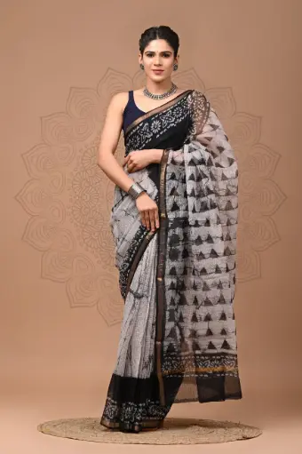 Premium Handcrafted Kota Doriya Saree – Hand Block Printed (Dabu, Bagru, Jahota) with Blouse Piece