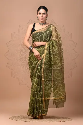 Premium Handcrafted Kota Doriya Saree – Hand Block Printed (Dabu, Bagru, Jahota) with Blouse Piece