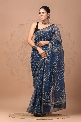 Premium Handcrafted Kota Doriya Saree – Hand Block Printed (Dabu, Bagru, Jahota) with Blouse Piece