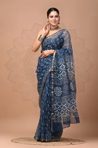 Premium Handcrafted Kota Doriya Saree – Hand Block Printed (Dabu, Bagru, Jahota) with Blouse Piece