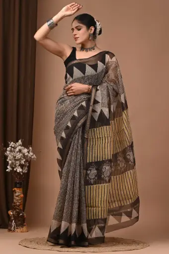 Premium Handcrafted Kota Doriya Saree – Hand Block Printed (Dabu, Bagru, Jahota) with Blouse Piece